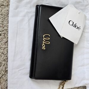 Chloé Black Leather Clutch with Gold Logo